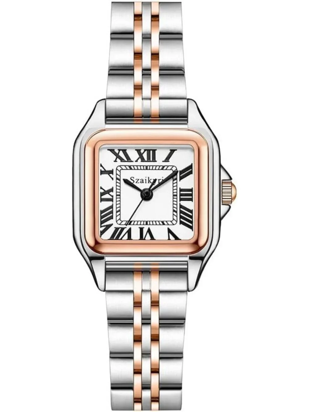 Women's Silver& Gold-Black Square Dial Dainty Vintage Stainless Steel Band Watch